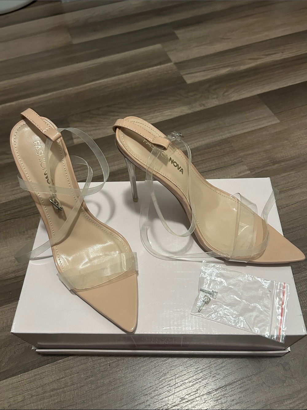 Fashion Nova Nude Pointed Stiletto Heels with Clear Straps